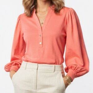 1. State stretch ribbed top with cotton poplin balloon blouson sleeves coral L